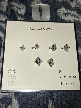 a new day Silver Plated Clear Cubic Zirconia Stud Earring Set
